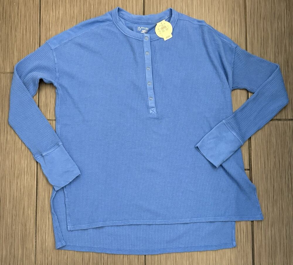 OFFLINE by Aerie Waffle Henley T-shirt Size Small Oversized Blue Beach